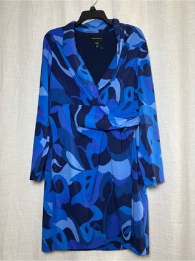 Donna Morgan Blue Abstract Graphic Print Faux Wrap Dress Long Sleeve Size 14